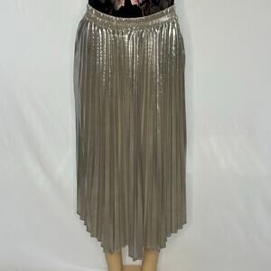 Tulle Metallic Pleated Midi Skirt Champagne Silver Shimmer Elastic Waist M